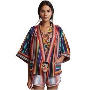warm Brand Multicolor Ikat Folk Art Mexican Blanket Stripe Floral Kantha Jacket